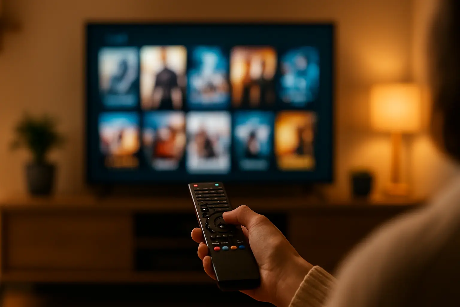 Pessoa segurando controle remoto enquanto navega por um catálogo de filmes na TV